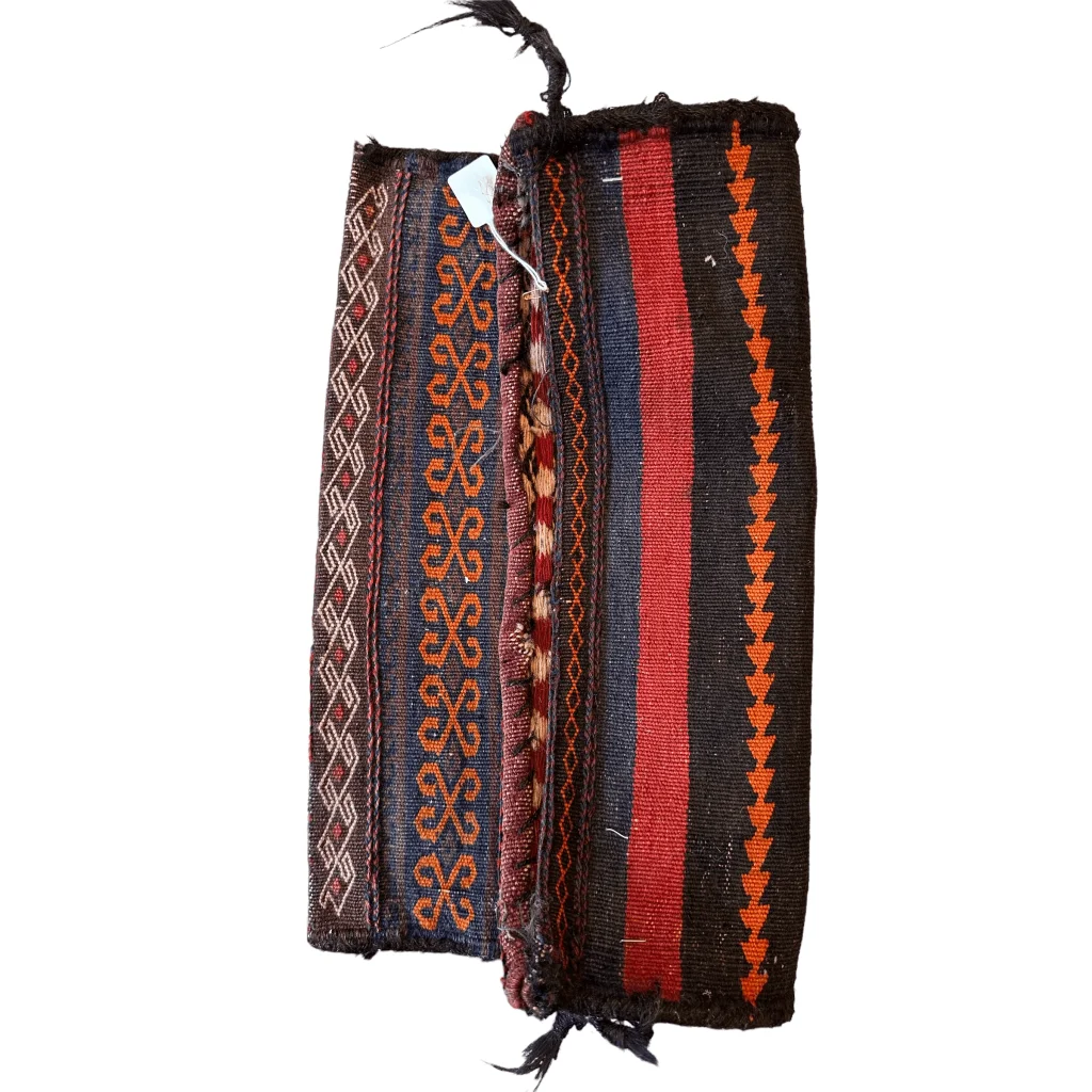 Rare antique 1900s Qashqai rucksack bag face, side view showing form and nomadic tribal construction
