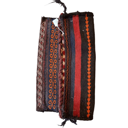 Rare antique 1900s Qashqai rucksack bag face, side view showing form and nomadic tribal construction