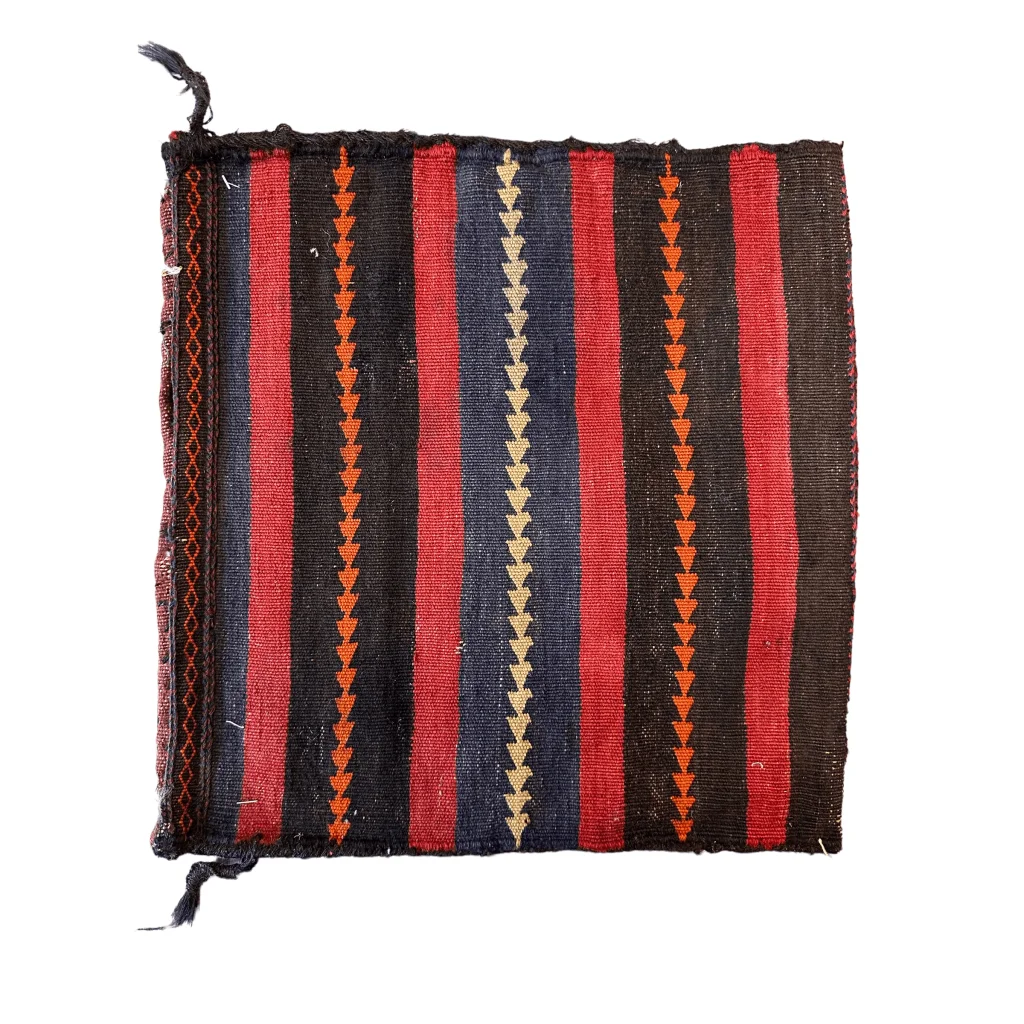 Persian Qashqai tribal bag 1900s, back view showing construction and natural wool pile foundation