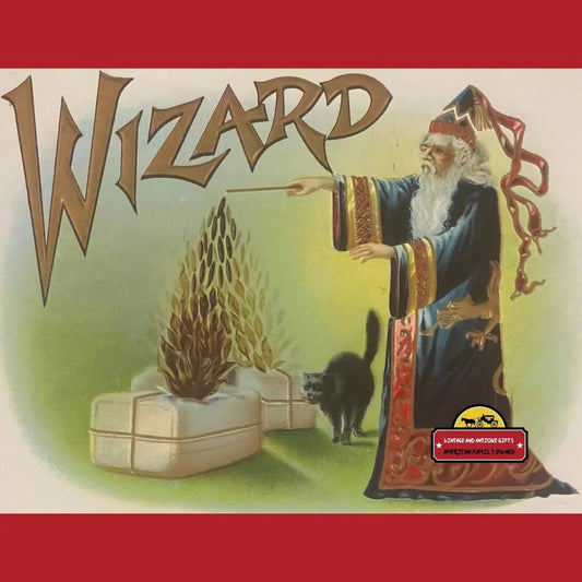 Wizard in colorful robe casting a spell beside a flaming bush and black cat on an embossed cigar label