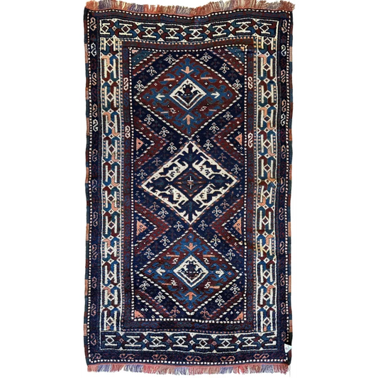 1920s antique Kurdish 4x3 rug in deep blue burgundy with geometric patterns