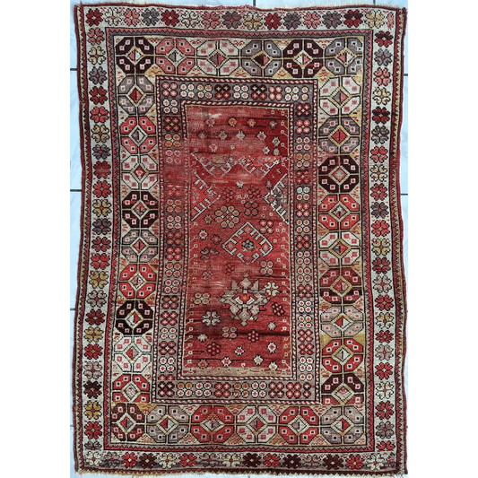 Vintage 1920s Turkish hand-knotted prayer rug with red beige geometric mosque design