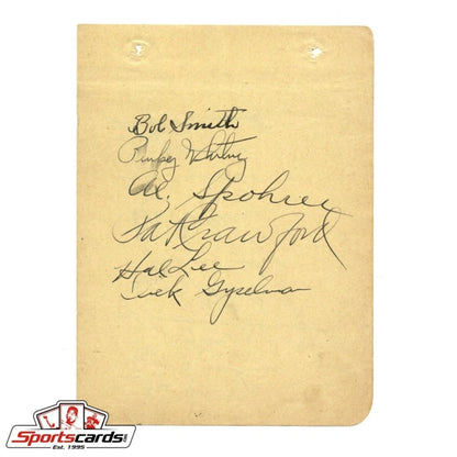 Vintage yellowed cut album page with 1930s baseball stars signatures