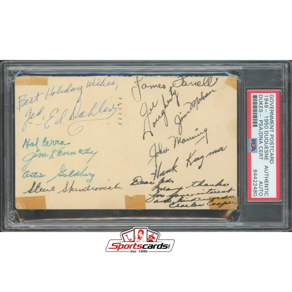 Vintage Chuck Cooper Duquesne Dukes team signed postcard, aged baseball card