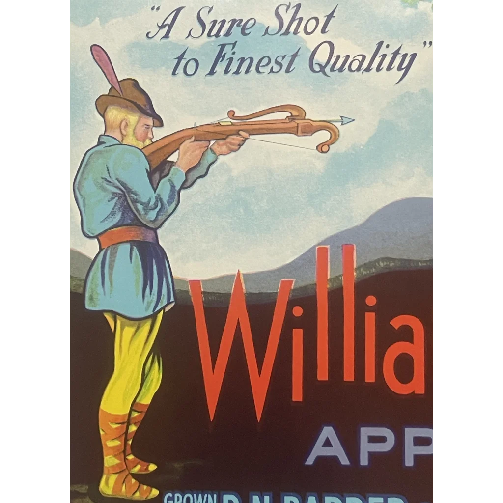 🏹 1950s Vintage William Tell Crate Label Waynesville NC Historic Image! Advertisements Antique Food and Home Misc.