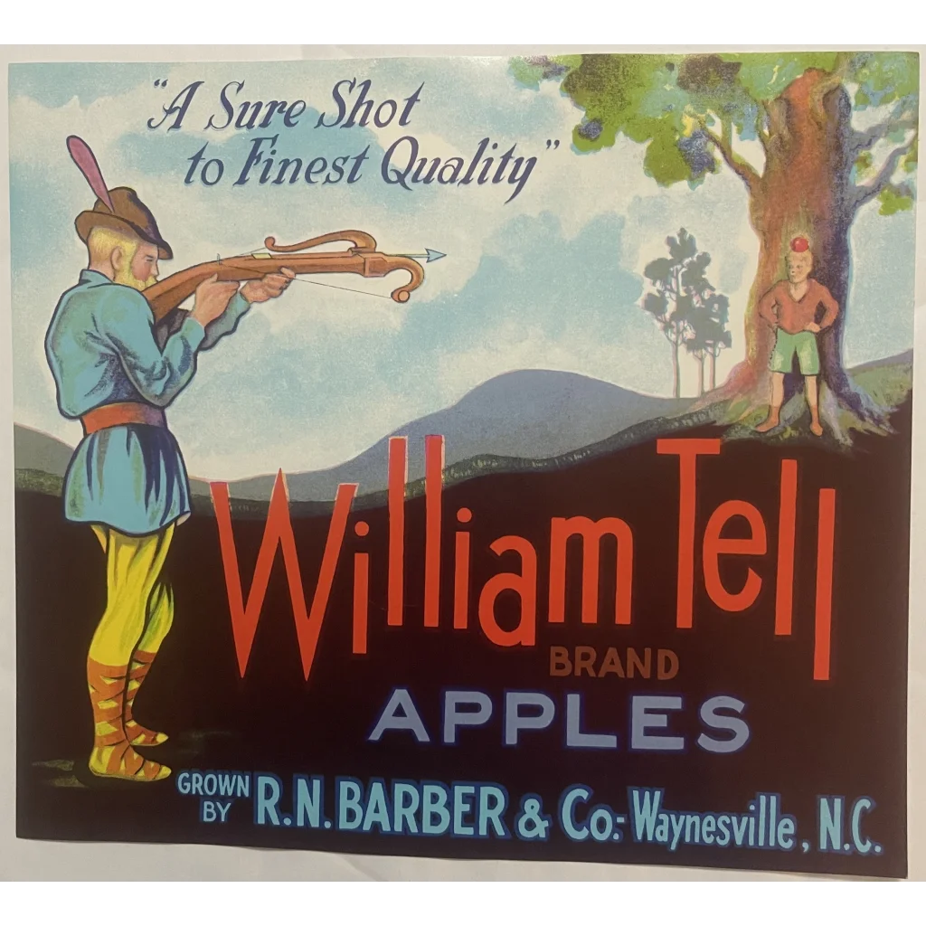 🏹 1950s Vintage William Tell Crate Label Waynesville NC Historic Image! Advertisements Antique Food and Home Misc.