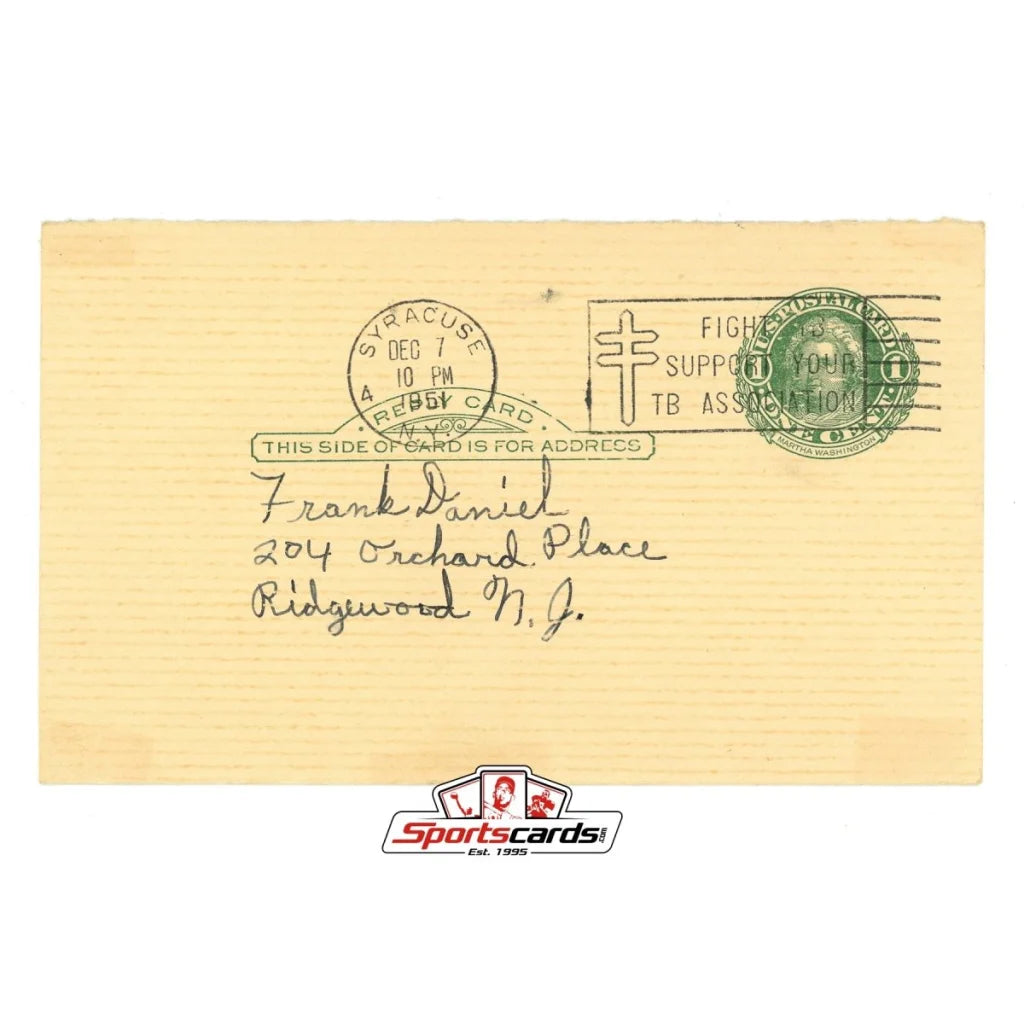 Vintage yellow government postcard envelope with green stamp, handwritten address, and authentic signatures of NBA Legends