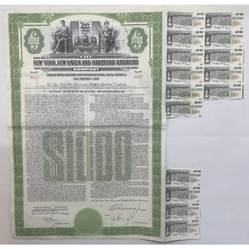 1953 New York Haven And Hartford Railroad Gold Bond Certificate W/coupons Collectibles Antique Vintage Stock