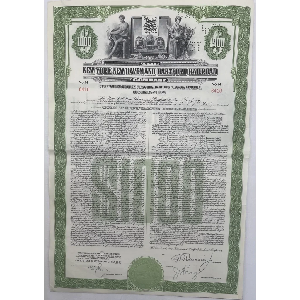 1953 New York Haven And Hartford Railroad Gold Bond Certificate W/coupons Collectibles Antique Vintage Stock