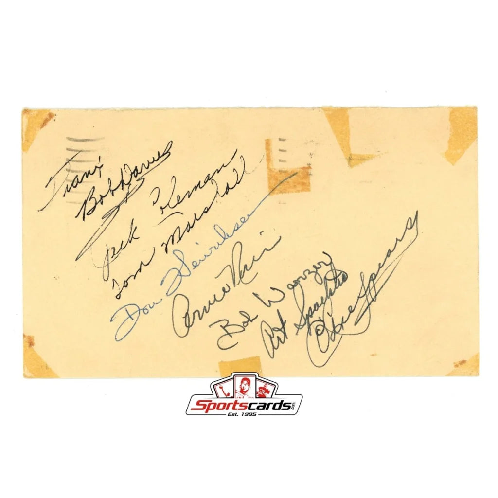 Vintage yellowed postcard signed by Arnie Risen Jack Coleman Tom Marshall with sportscards logo