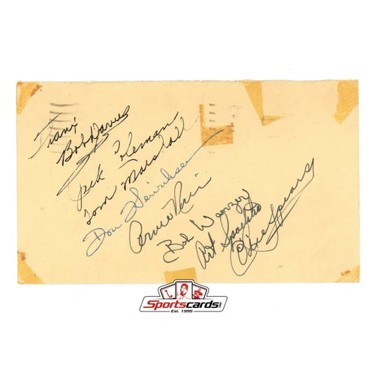 Vintage yellowed postcard signed by Arnie Risen Jack Coleman Tom Marshall with sportscards logo