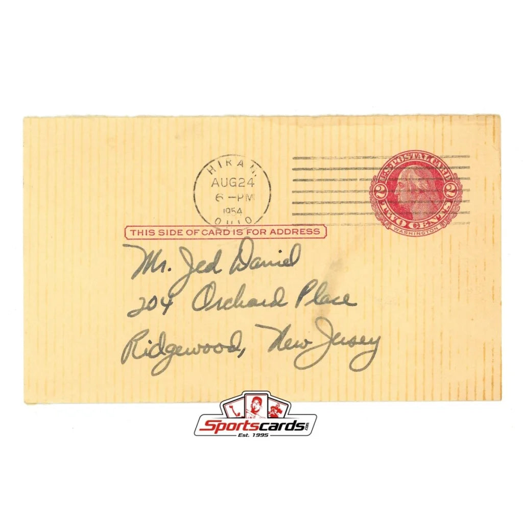 Vintage yellow government postcard with red stamp and signed Legendary Browns players