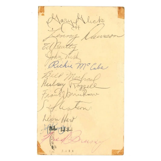 Yellow handwritten note on 1957 Pittsburgh Steelers team signed postcard with Len Dawson