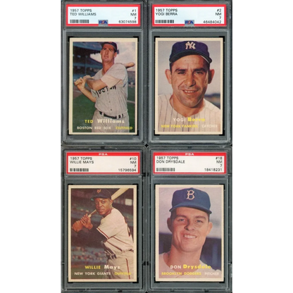 Four PSA graded 1957 Topps Baseball cards of Hall of Famers in a complete set break box
