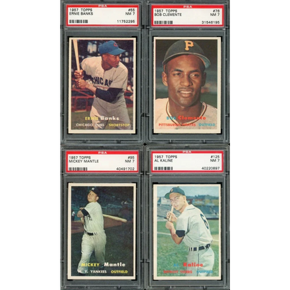 Four PSA graded 1967 Topps baseball cards of famous players in the Topps Baseball Complete set