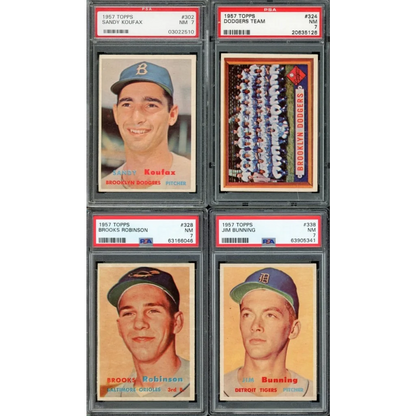 Four graded 1957 Topps baseball cards from the complete PSA topps baseball set