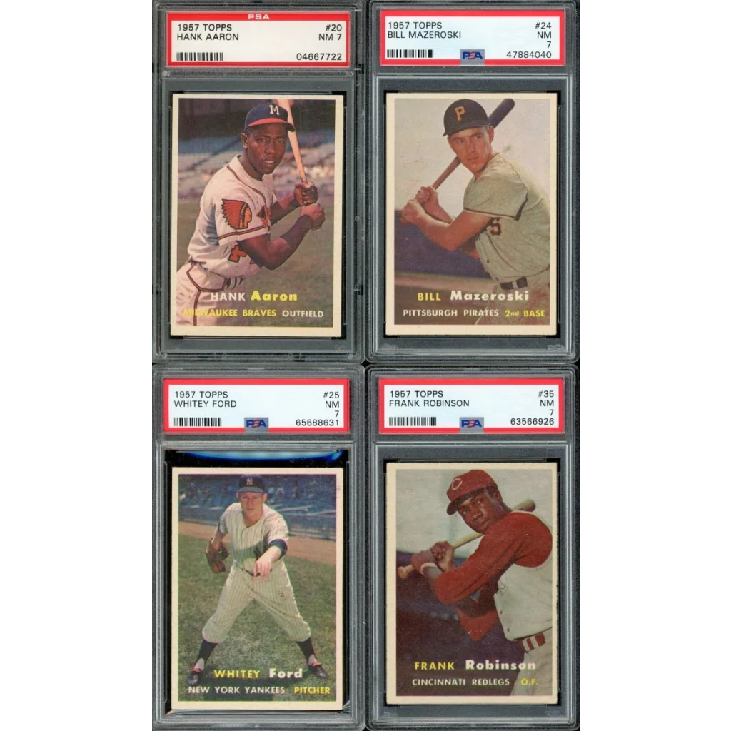 Four PSA graded 1957 Topps baseball cards featuring Hank Aaron, Bill Mazeroski, Whitey Ford, and Frank Robinson in a baseball complete PSA set