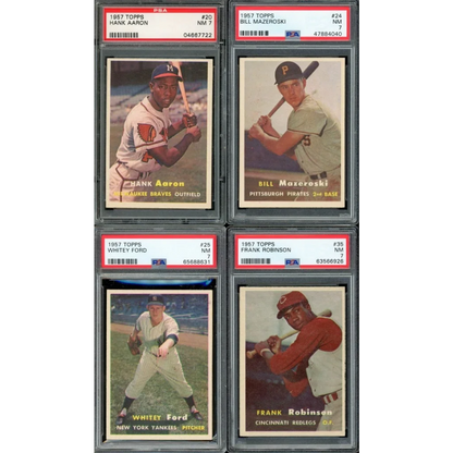 Four PSA graded 1957 Topps baseball cards featuring Hank Aaron, Bill Mazeroski, Whitey Ford, and Frank Robinson in a baseball complete PSA set