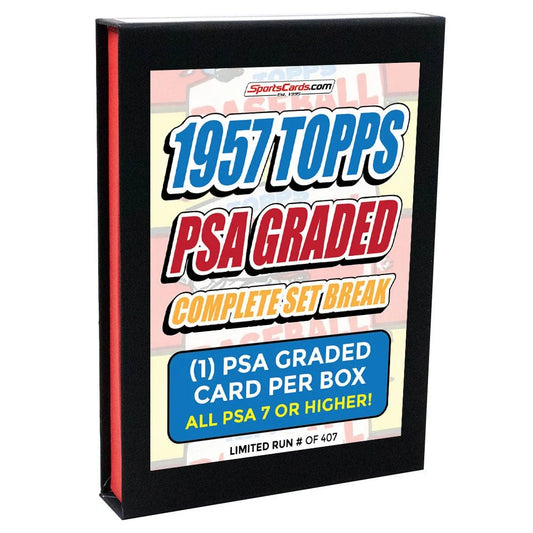 Black box with colorful label advertising 1957 Topps PSA graded baseball cards set