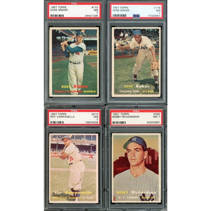 Four PSA graded 1957 Topps Baseball cards in the complete PSA topps baseball set box