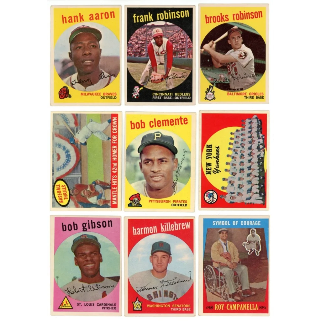 Vintage 1959 Topps baseball cards featuring Willie Mays Mickey Mantle and Hank Aaron