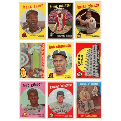 Vintage 1959 Topps baseball cards featuring Willie Mays Mickey Mantle and Hank Aaron