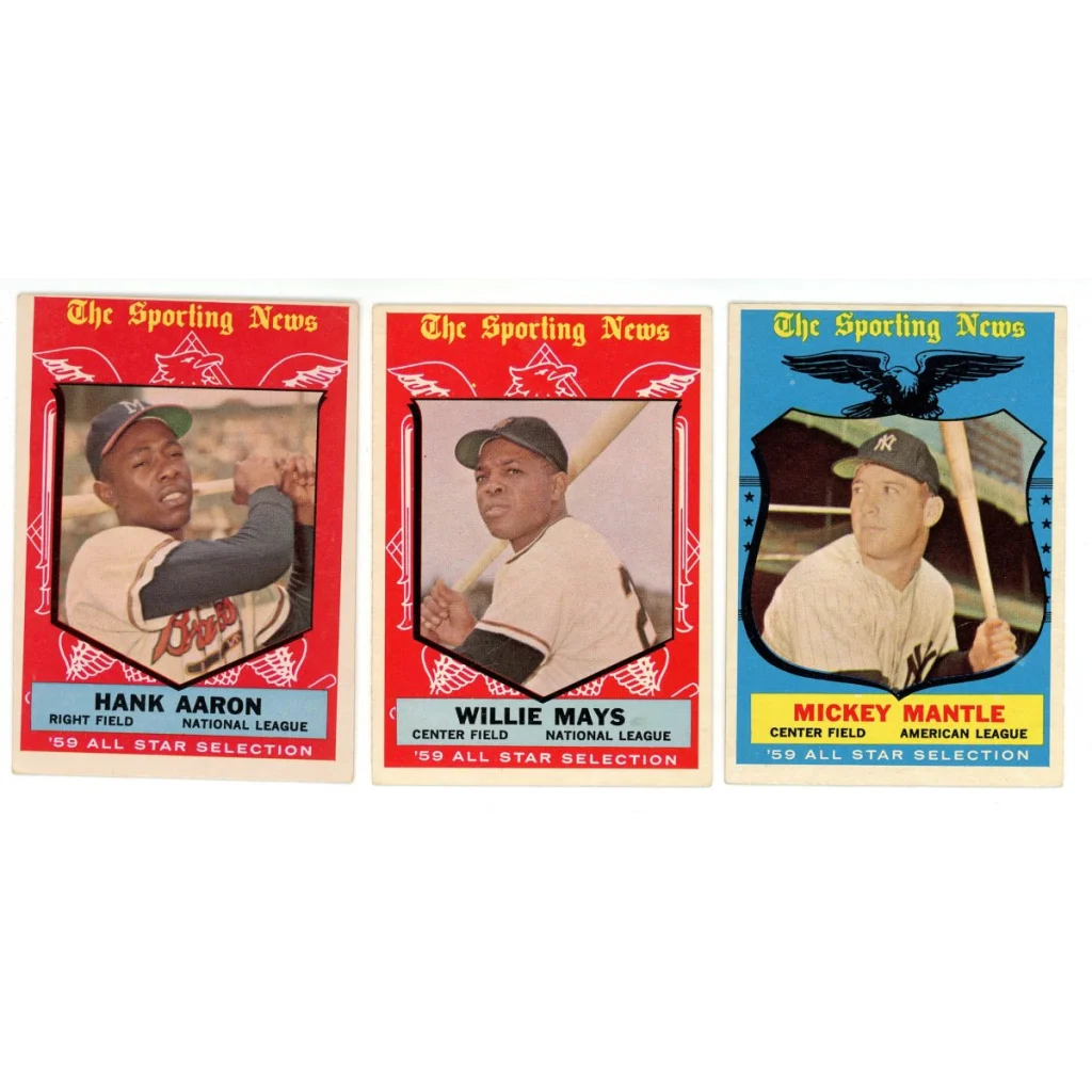 Vintage 1959 Topps baseball cards with Mickey Mantle, Willie Mays, and Hank Aaron