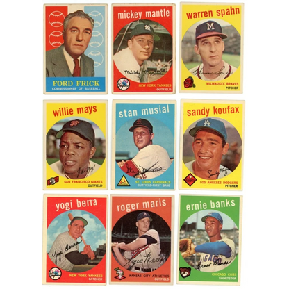 Vintage baseball trading cards featuring Mickey Mantle Willie Mays and Hank Aaron