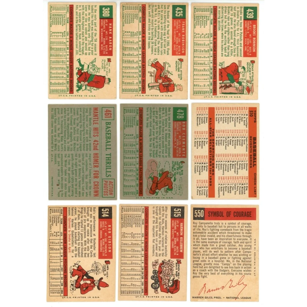 Vintage 1959 Topps baseball cards with Willie Mays Mickey Mantle Hank Aaron images