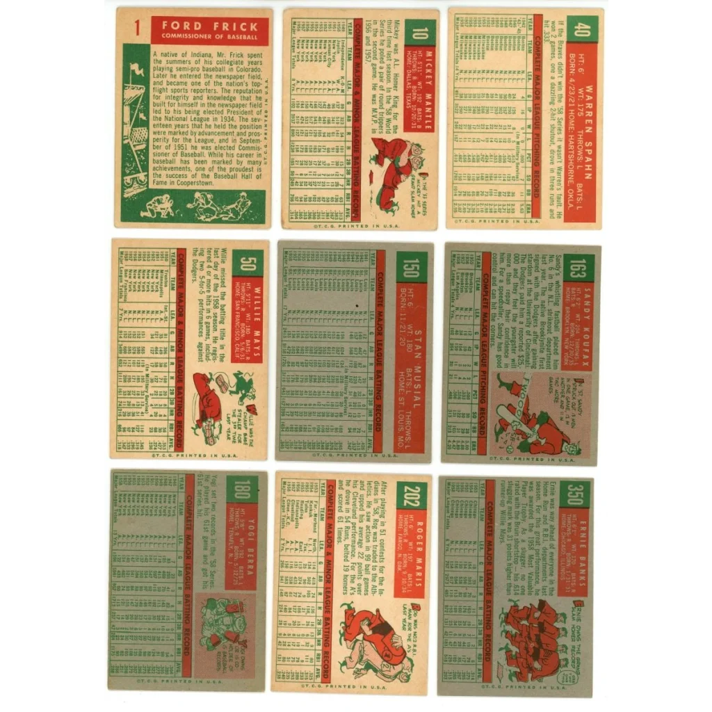 Vintage 1959 Topps Baseball Cards featuring Mickey Mantle Willie Mays and Hank Aaron