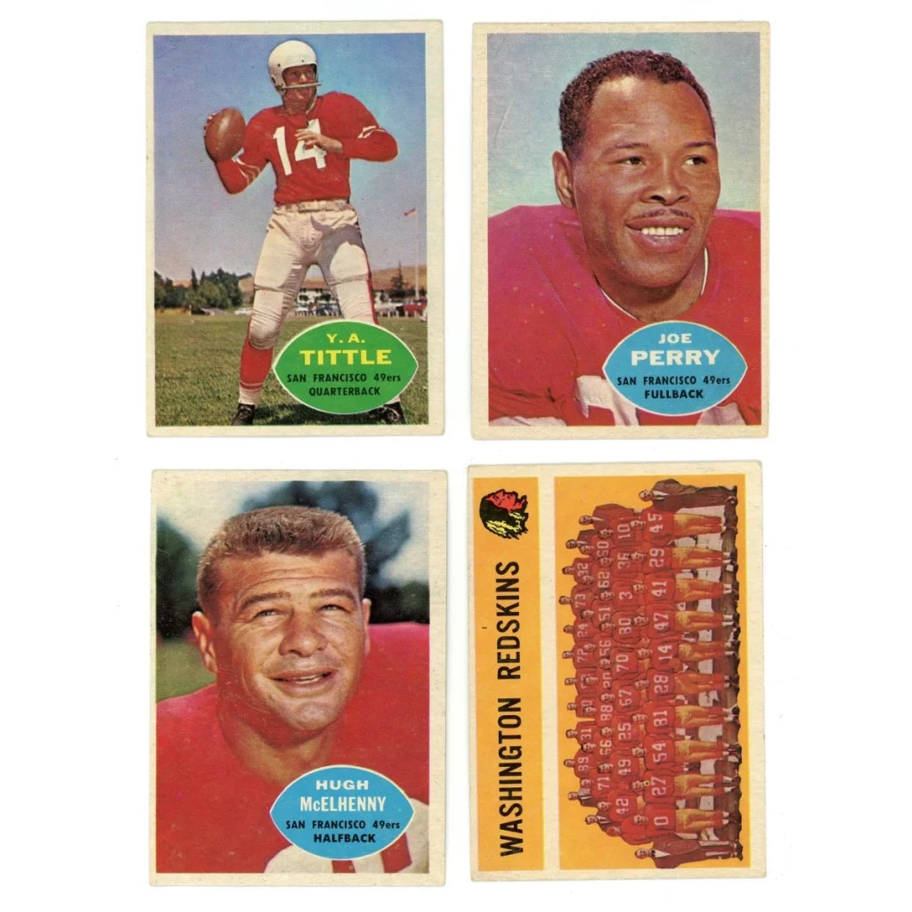 Vintage American football trading cards from the 1960 Topps Football Complete Set Break Box