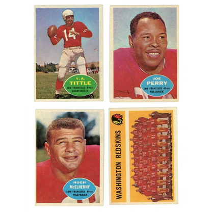 Vintage American football trading cards from the 1960 Topps Football Complete Set Break Box