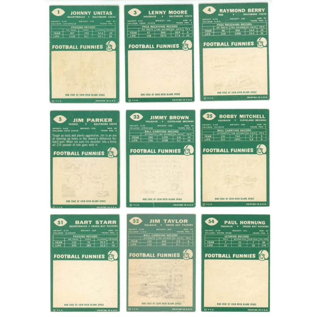 Vintage football trading cards from the 1960 Topps Football Complete Set Break Box