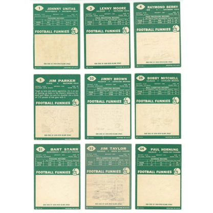 Vintage football trading cards from the 1960 Topps Football Complete Set Break Box
