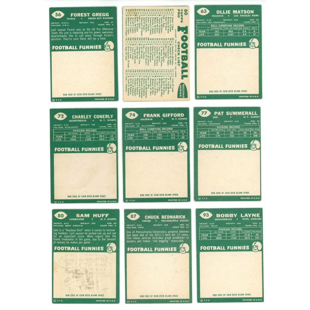 Vintage Topps Football trading cards from the 1960 Topps Football Complete Set Break Box