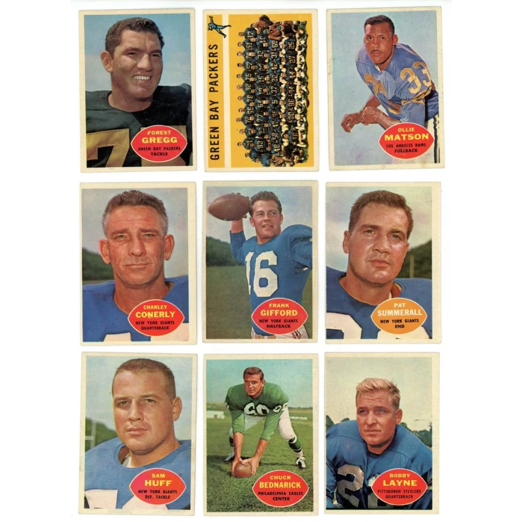 Vintage American football trading cards from the 1960 Topps Football Complete Set Break Box