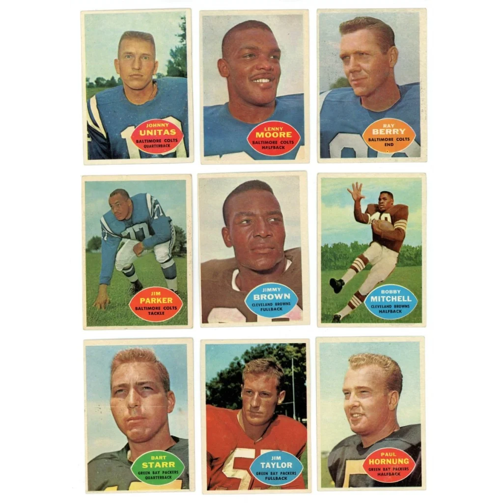 Vintage football trading cards from the 1960 Topps Football Complete Set Break Box