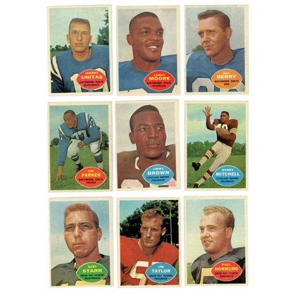Vintage football trading cards from the 1960 Topps Football Complete Set Break Box