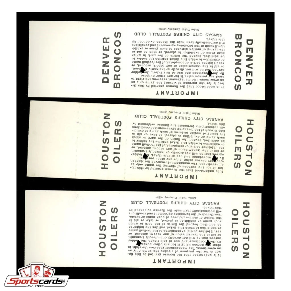 Rare 1963 Kansas City Chiefs ticket stubs with Oilers and Broncos logos