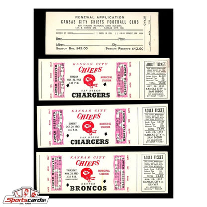 Vintage 1963 Kansas City Chiefs ticket stubs with bold red text