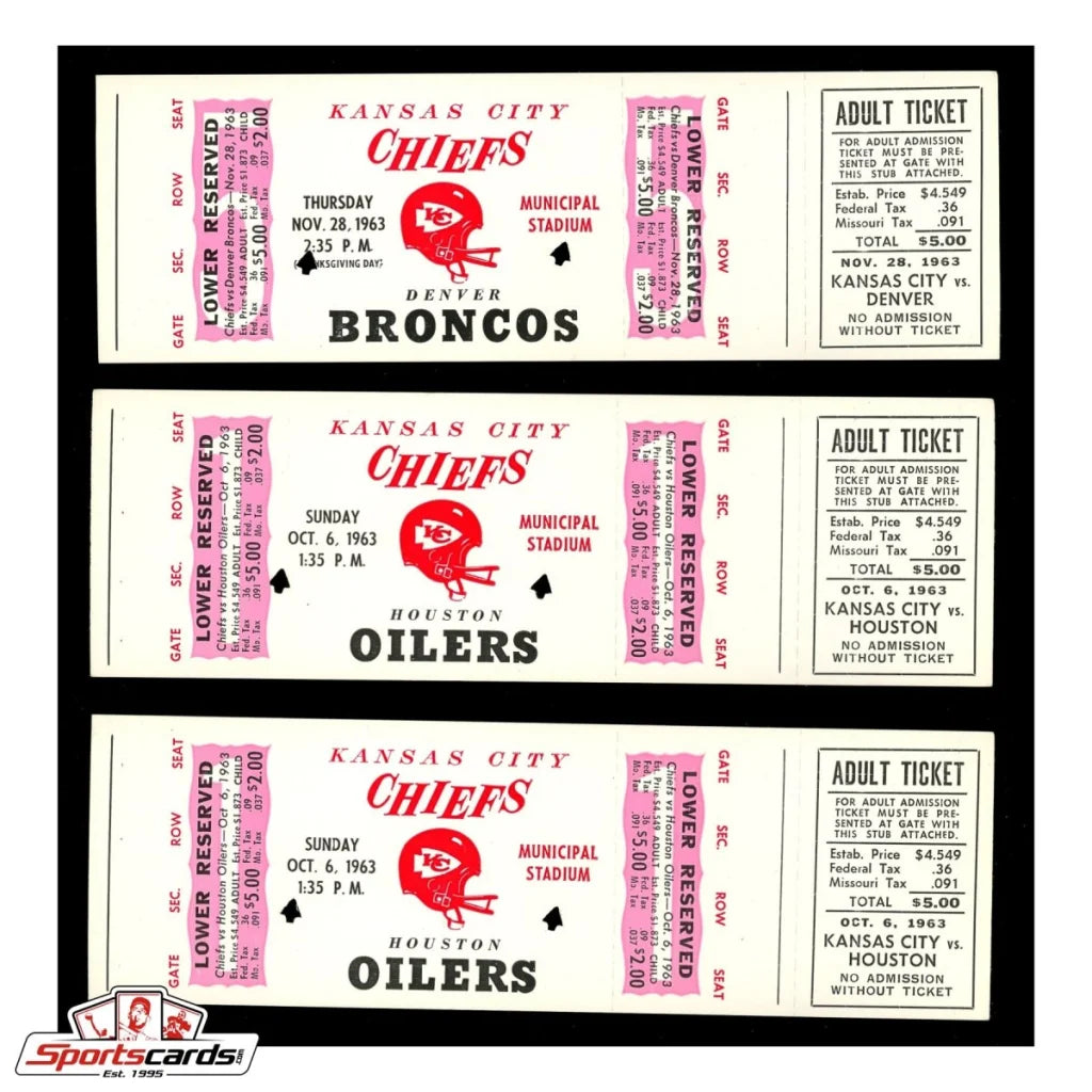Rare 1963 Kansas City Chiefs ticket stubs on pink white background