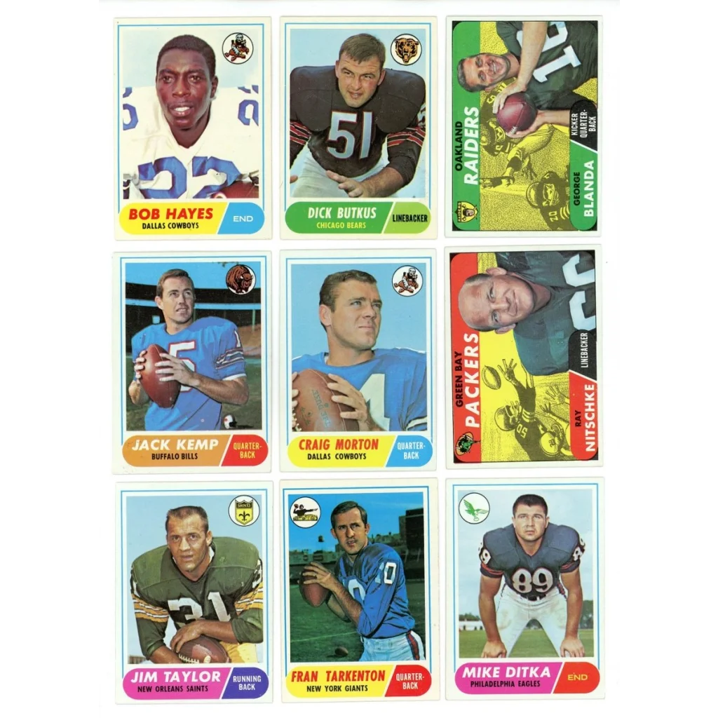 Vintage American football trading cards from 1968 Topps Football Complete Set Break