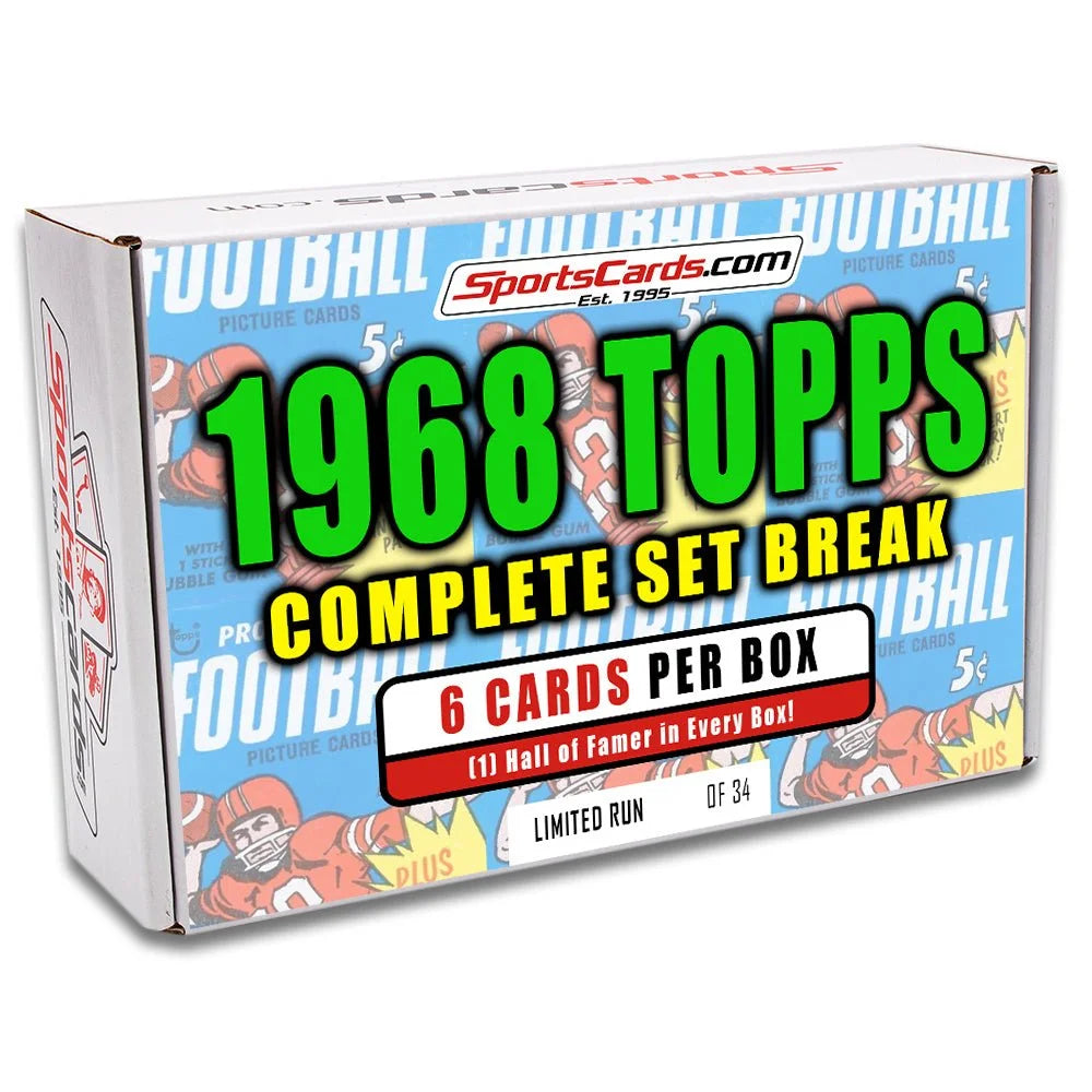 White cardboard box for 1968 Topps Football Complete Set Break with Hall of Famer