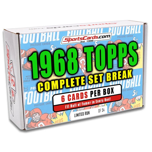 White cardboard box for 1968 Topps Football Complete Set Break with Hall of Famer