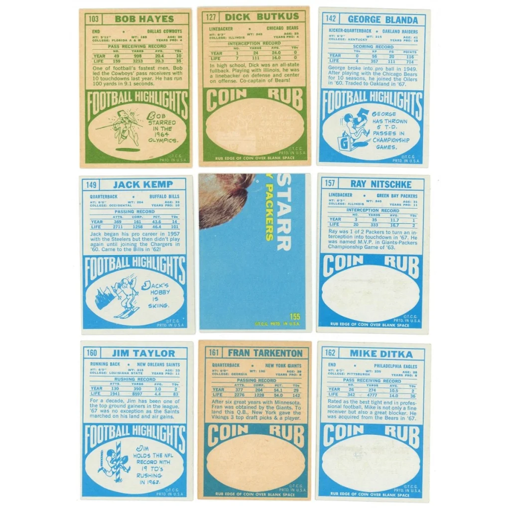 Vintage football trading cards from 1968 Topps Football Complete Set Break
