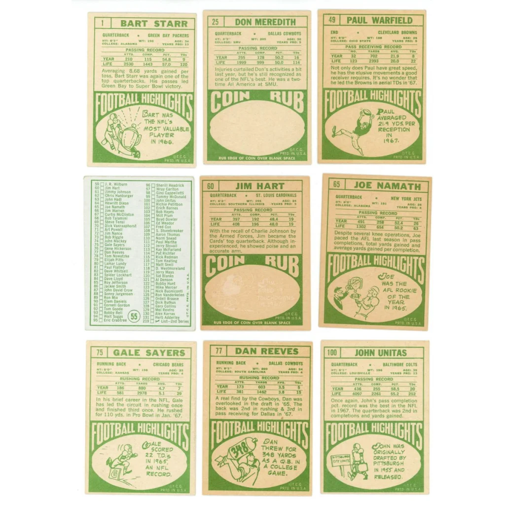 Vintage football trading cards from the 1968 Topps Football Complete Set Break