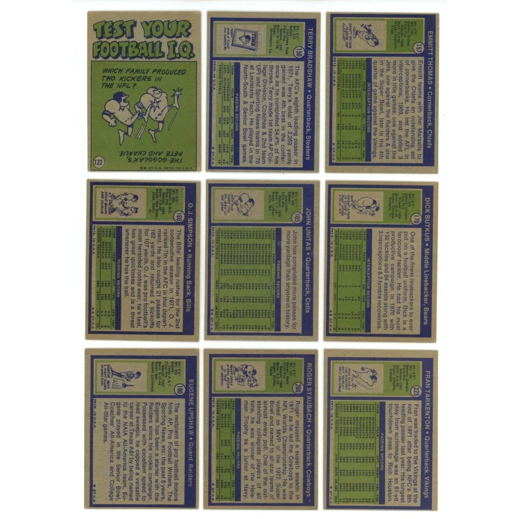 Vintage American football trading cards from the 1972 Topps Football Low Number Set
