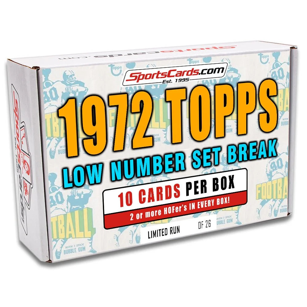 White cardboard box of 1972 Topps Football Low Number Set Break cards with 10 cards inside
