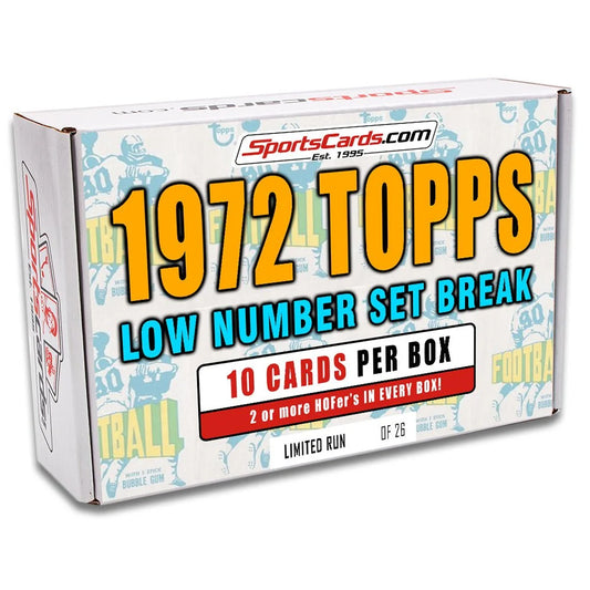 White cardboard box of 1972 Topps Football Low Number Set Break cards with 10 cards inside