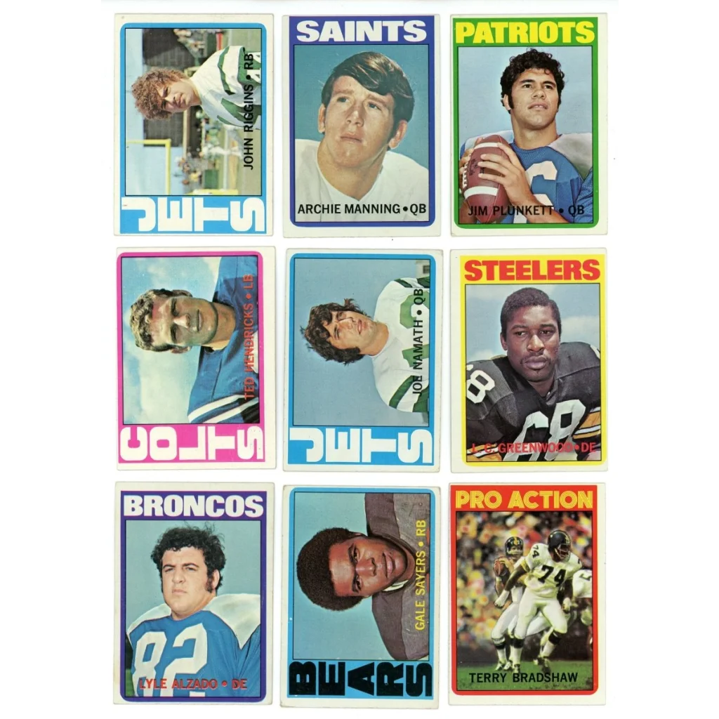 Vintage American football trading cards from the 1972 Topps Football Low Number Set